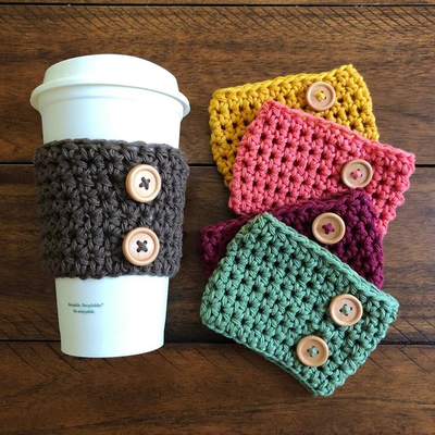 Y-Z Neutral Color Reusable Farm House Crochet Coffee Sleeve Cup Cozy with Wood Buttons