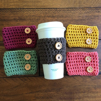 Y-Z Neutral Color Reusable Farm House Crochet Coffee Sleeve Cup Cozy with Wood Buttons