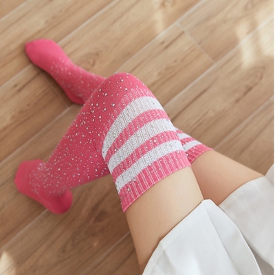 F989 Solid Color Striped Over the Knee Thigh High Socks Sexy Women's Socks with Rhinestone 2023 Custom Made Long High Socks