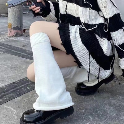 Y-Z Fall Winter Knitted White Warm Yoga Gothic Horn Knee High Leg Warmers for Women Knee Socks