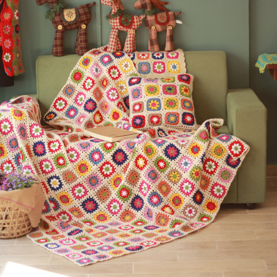 Y-F 150*100 Crocheted Bohemian Gypsy Gorgeous Vintage Decor Lap Rug Daisy Granny Square Comfort Bed Blanket Throw