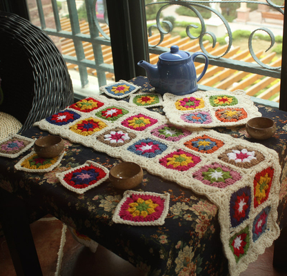Y-F Nordic Country Rustic Crochet Blanket Farmhouse Plaid Flower Table Runner Teapot Pad coaster Set