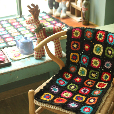 Y-F 90*40 Black Daisy Hippy Flower Crochet Dining Bench Chair Pads Sofa Seat Cushion Cover Granny Blanket