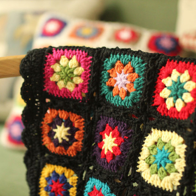 Y-F 90*40 Black Daisy Hippy Flower Crochet Dining Bench Chair Pads Sofa Seat Cushion Cover Granny Blanket
