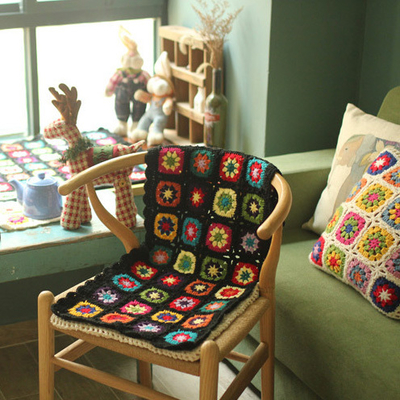 Y-F 90*40 Black Daisy Hippy Flower Crochet Dining Bench Chair Pads Sofa Seat Cushion Cover Granny Blanket