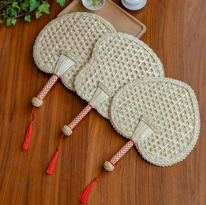 Y-Z Handmade Woven Palm-leaf Reed Cattail Leaf Fan Portable Tassel Summer Farmhouse Hand Fan
