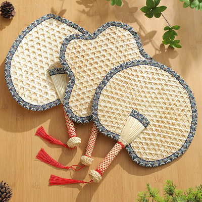 Y-Z Chinese Style Handmade Cattail Blue Tassel Wheat Straw Fan Summer Cool Portable Palm-leaf Large Fan