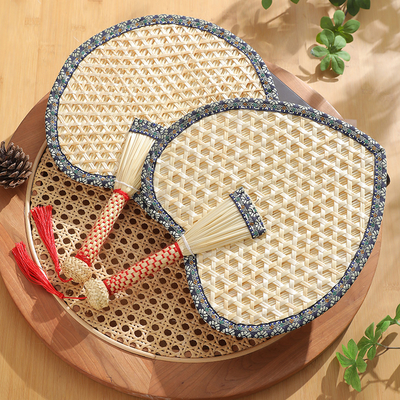 Y-Z Chinese Style Handmade Cattail Blue Tassel Wheat Straw Fan Summer Cool Portable Palm-leaf Large Fan