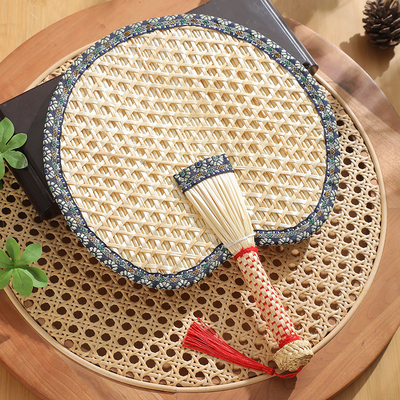 Y-Z Chinese Style Handmade Cattail Blue Tassel Wheat Straw Fan Summer Cool Portable Palm-leaf Large Fan
