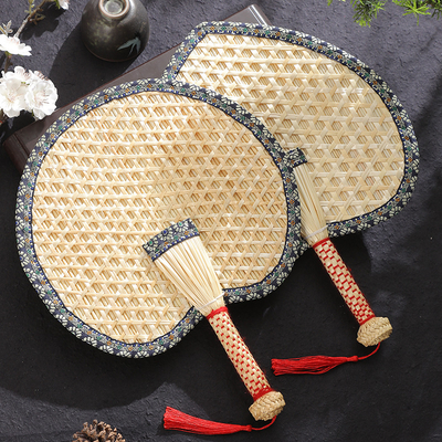 Y-Z Chinese Style Handmade Cattail Blue Tassel Wheat Straw Fan Summer Cool Portable Palm-leaf Large Fan