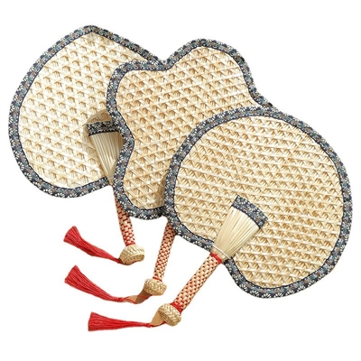 Y-Z Chinese Style Handmade Cattail Blue Tassel Wheat Straw Fan Summer Cool Portable Palm-leaf Large Fan