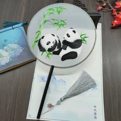 Y-Z Chinese Round Shape Hanfu Fabric Fan Wood Handle with Tassel Hand Embroidered Ancient Silk Fan
