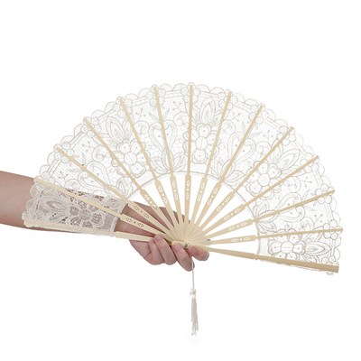 Y-Z Vintage Wedding Lace Bamboo Folding Fan Hollow Cotton and Linen Dance Bride Tassel Big Hand Fans