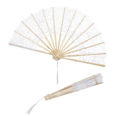 Y-Z Vintage Wedding Lace Bamboo Folding Fan Hollow Cotton and Linen Dance Bride Tassel Big Hand Fans