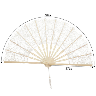 Y-Z Vintage Wedding Lace Bamboo Folding Fan Hollow Cotton and Linen Dance Bride Tassel Big Hand Fans