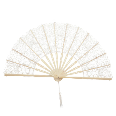 Y-Z Vintage Wedding Lace Bamboo Folding Fan Hollow Cotton and Linen Dance Bride Tassel Big Hand Fans