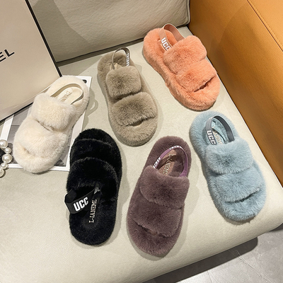 Y-Z Comfy Fuzzy Fluffy Sandals Fuzzy Slides Super-soft Slip-on Indoor House Faux Fur Open Toes slippers