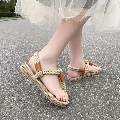 Y-Z Summer Fashion Open Toe Flip Flops Sandal Bohemian Beach Casual Large Size Women Roman Grass Woven Thong Sandals