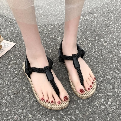 Y-Z Summer Fashion Open Toe Flip Flops Sandal Bohemian Beach Casual Large Size Women Roman Grass Woven Thong Sandals