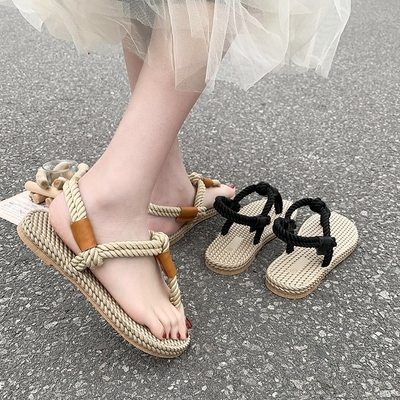 Y-Z Summer Fashion Open Toe Flip Flops Sandal Bohemian Beach Casual Large Size Women Roman Grass Woven Thong Sandals