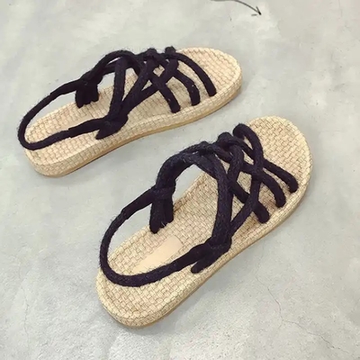 Y-Z Bohemian Summer Beach Designer Fish Mouth Flat Female Stripy Sandals Shoes for Women and Ladies Sandals
