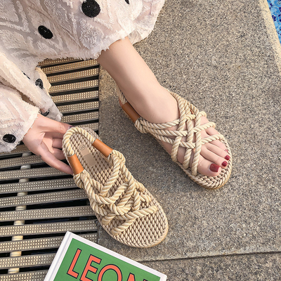 Y-Z Bohemian Summer comfort Women Ladies New Fashionable Open-toe Hemp Rope Woven Roman Flat Sandals