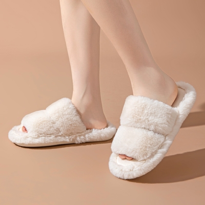 Y-Z Plus Size Soft Cozy Plush Fluffy Open Toe Warm House Ladies Flat slippers for Women Plush Indoor Slipper