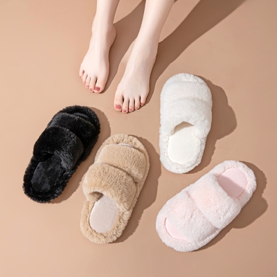 Y-Z Plus Size Soft Cozy Plush Fluffy Open Toe Warm House Ladies Flat slippers for Women Plush Indoor Slipper