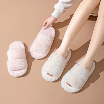 Y-Z Plus Size Soft Cozy Plush Fluffy Open Toe Warm House Ladies Flat slippers for Women Plush Indoor Slipper